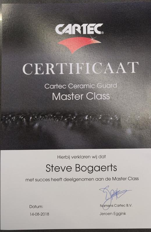 Certificaat Cartec Ceramic Guard Master Class op naam van Steve Bogaerts, 14-08-2018